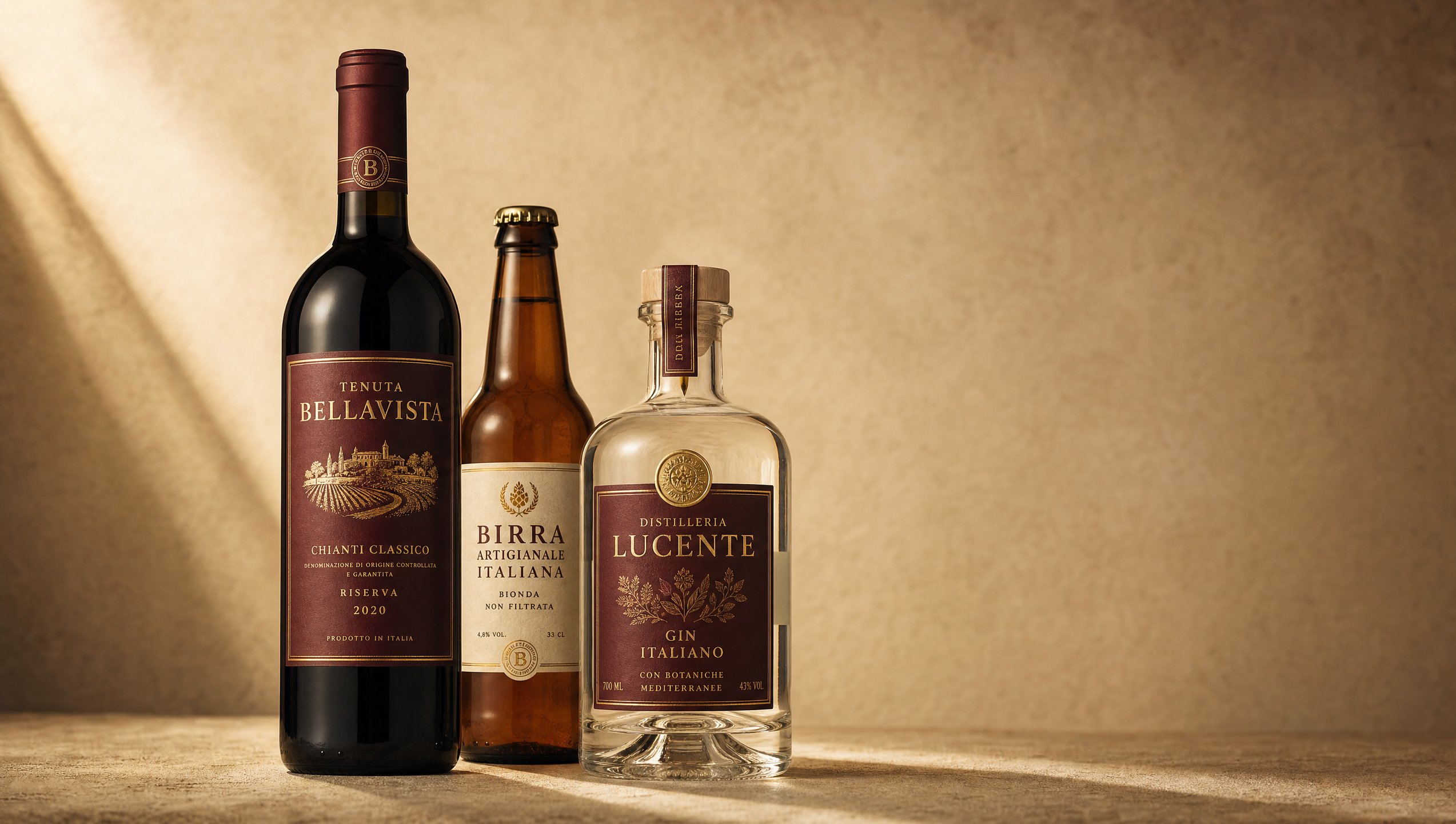 Tre bottiglie italiane: vino, birra e distillato con etichette artigianali